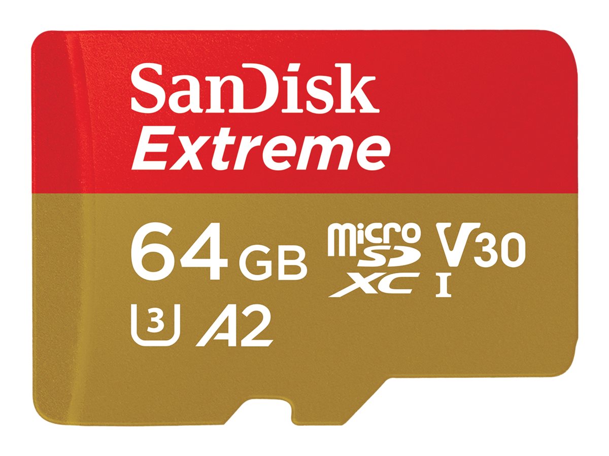 SanDisk Extreme - Flash-Speicherkarte (microSDXC-an-SD-Adapter inbegriffen) - 64 GB - A2 / Video Class V30 / UHS-I U3 / Class10 