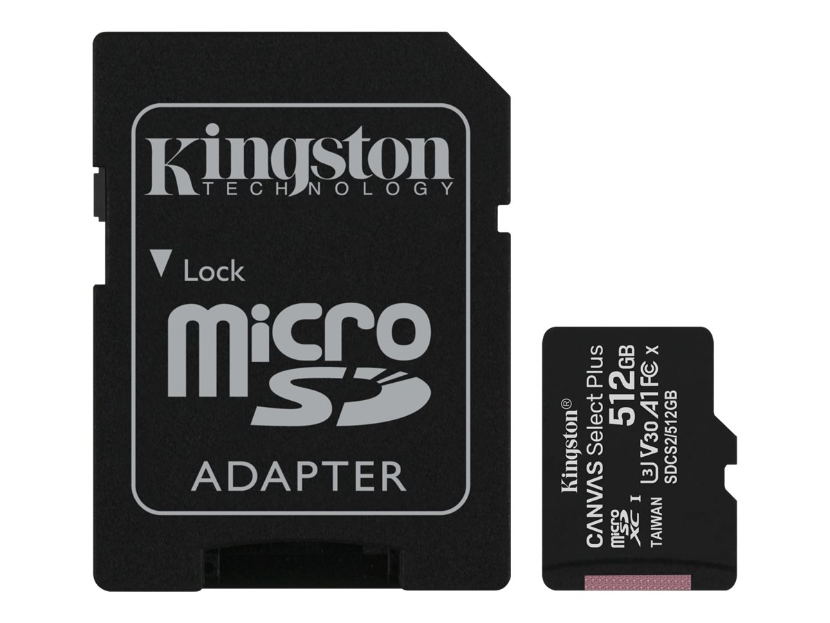 Kingston Canvas Select Plus - Flash-Speicherkarte (microSDXC-an-SD-Adapter inbegriffen) - 512 GB - A1 / Video Class V30 / UHS Cl