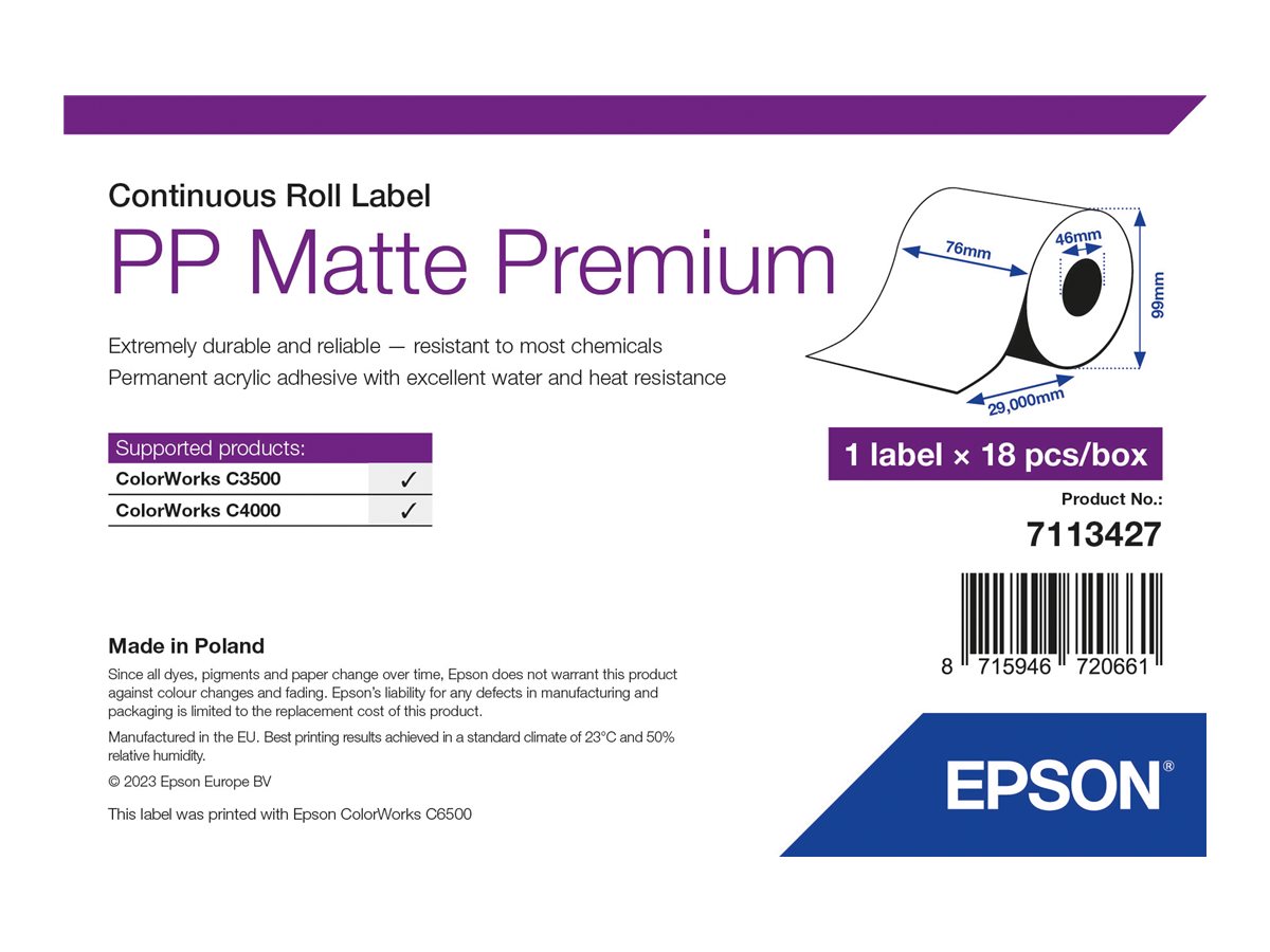 Epson Premium - Polypropylen (PP) - matt - permanenter Acrylklebstoff - Rolle (7,6 cm x 29 m) 18 Rolle(n) Etiketten-Endlospapier