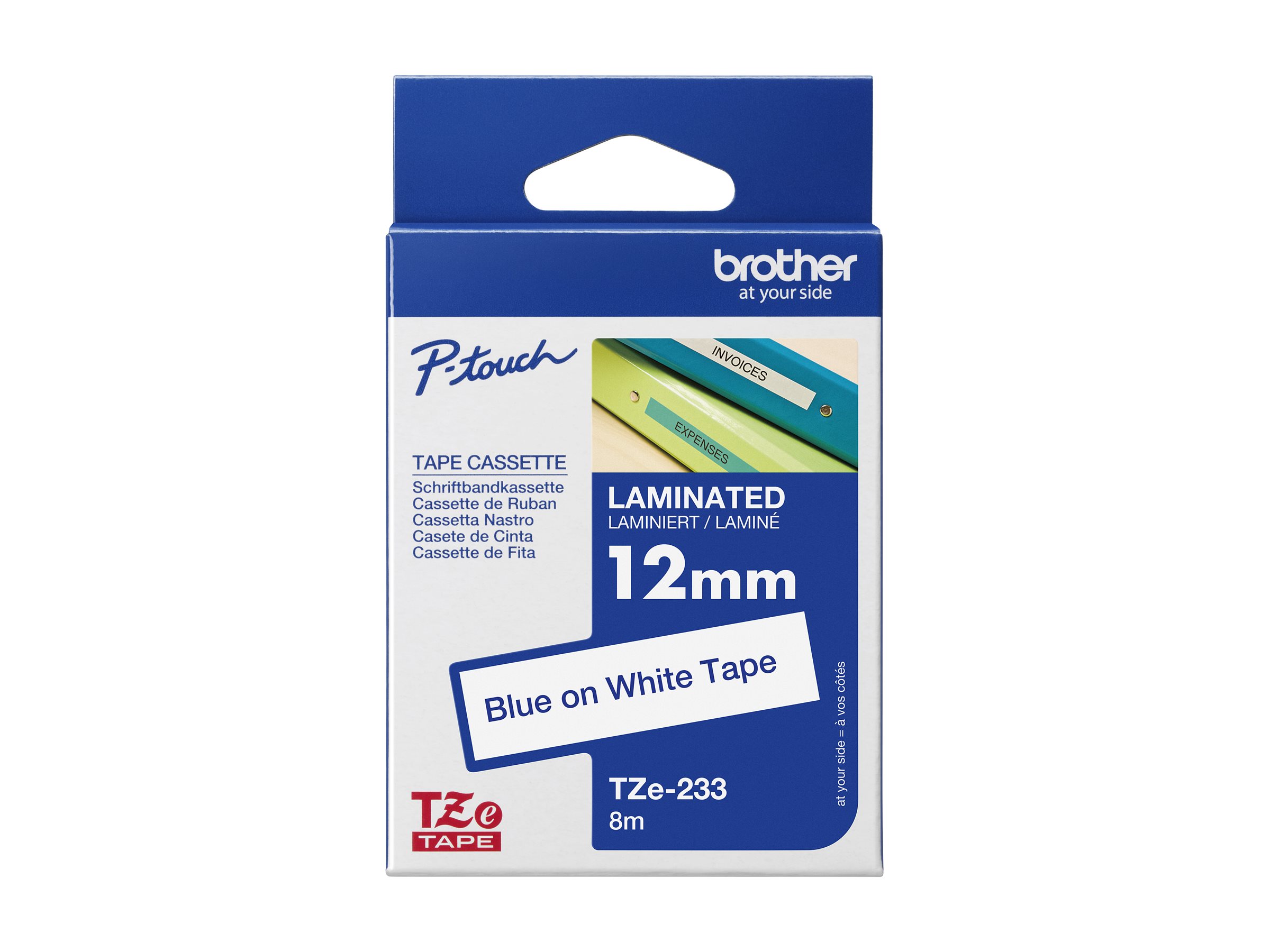 Brother TZe-233 - Blau auf weiss - Rolle (1,2 cm x 8 m) 1 Kassette(n) laminiertes Band - fr Brother PT-P750, P950; P-Touch PT-E