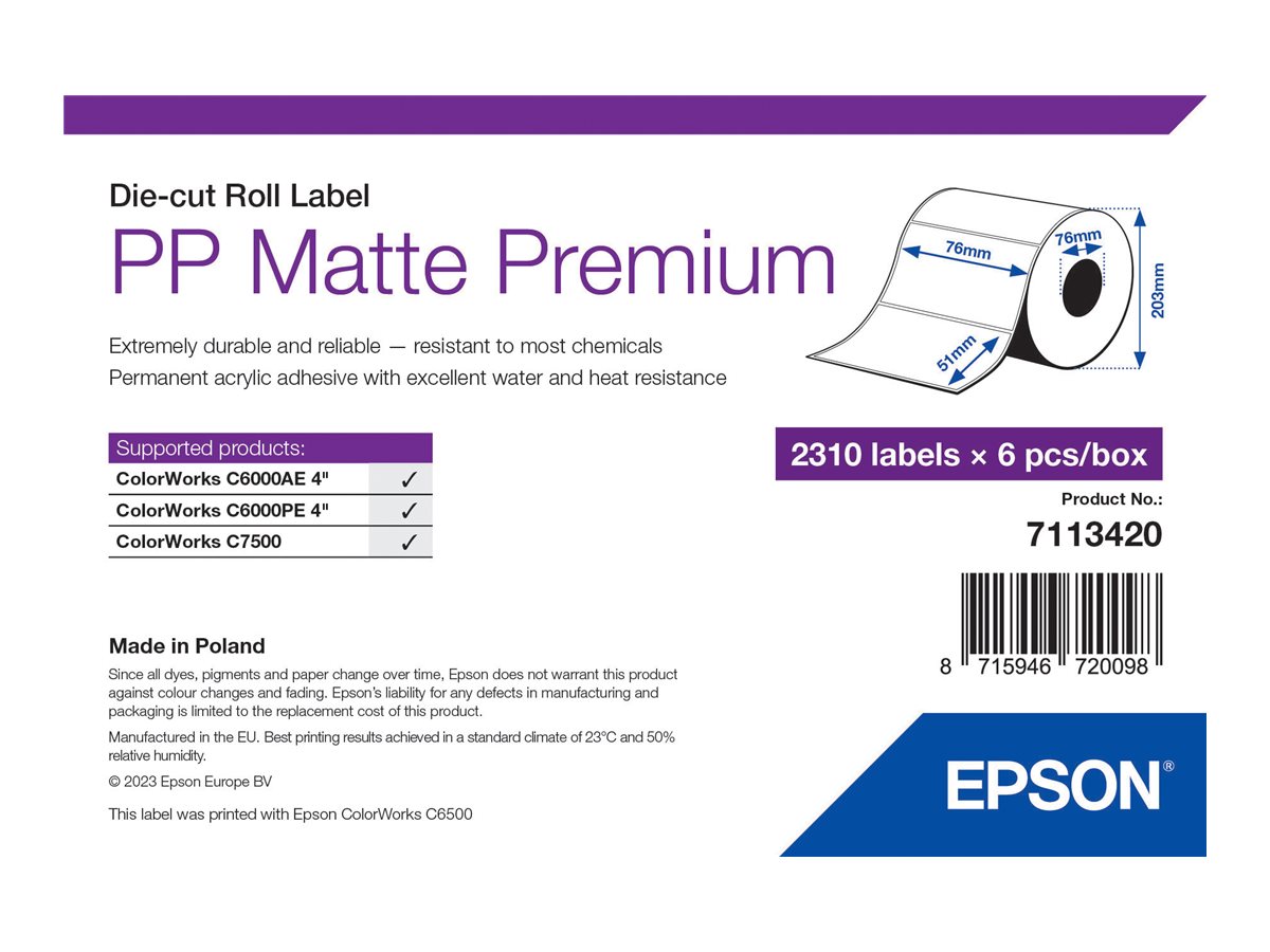 Epson Premium - Polypropylen (PP) - matt - permanenter Acrylklebstoff - 76 x 51 mm 13860 Etikett(en) (6 Rolle(n) x 2310) Box - g
