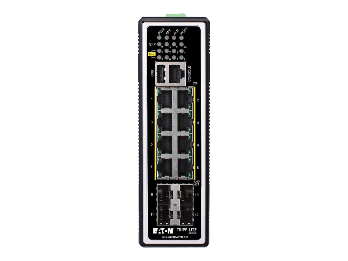 Eaton Tripp Lite series 8-Port Managed Industrial Gigabit Ethernet Switch - Layer 2, 1 Gbps, PoE+ 30W, 4 GbE SFP Ports, -40 to 