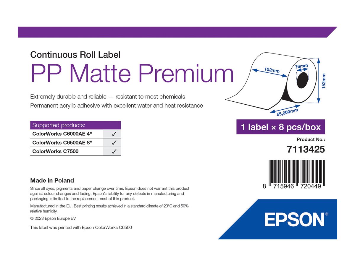 Epson Premium - Polypropylen (PP) - matt - permanenter Acrylklebstoff - Rolle (10,2 cm x 55 m) 8 Rolle(n) Etiketten-Endlospapier