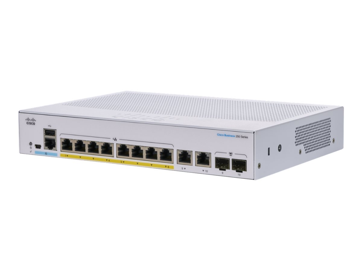 Cisco Business 250 Series CBS250-8PP-E-2G - Switch - L3 - Smart - 8 x 10/100/1000 (PoE+) + 2 x Kombi-SFP - an Rack montierbar