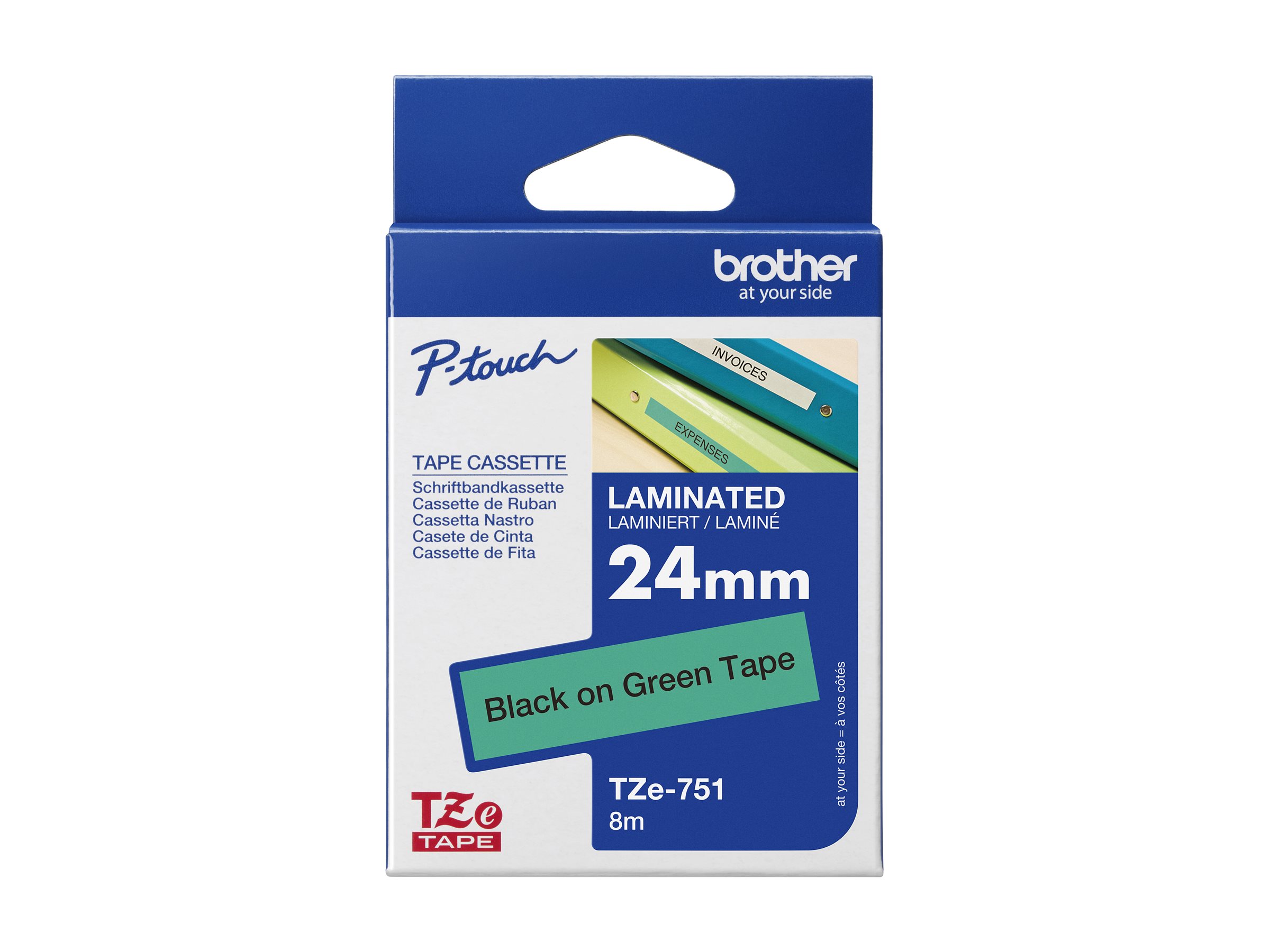 Brother TZe-751 - Schwarz auf Grn - Rolle (2,4 cm x 8 m) 1 Kassette(n) laminiertes Band - fr Brother PT-D600; P-Touch PT-3600,