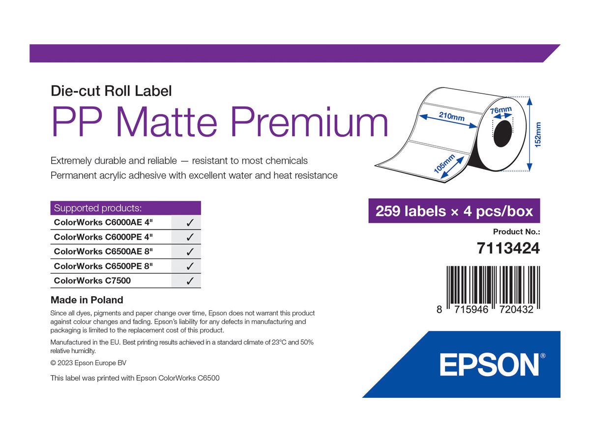 Epson Premium - Polypropylen (PP) - matt - permanenter Acrylklebstoff - 105 x 210 mm 1036 Etikett(en) (4 Rolle(n) x 259) gestanz