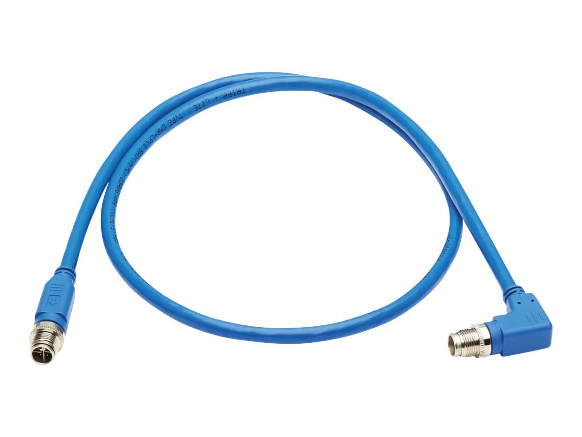 Eaton Tripp Lite Series M12 X-Code Cat6a 10G F/UTP CMR-LP Shielded Ethernet Cable (Right-Angle M/M), IP68, PoE, Blue, 1 m (3.3 f