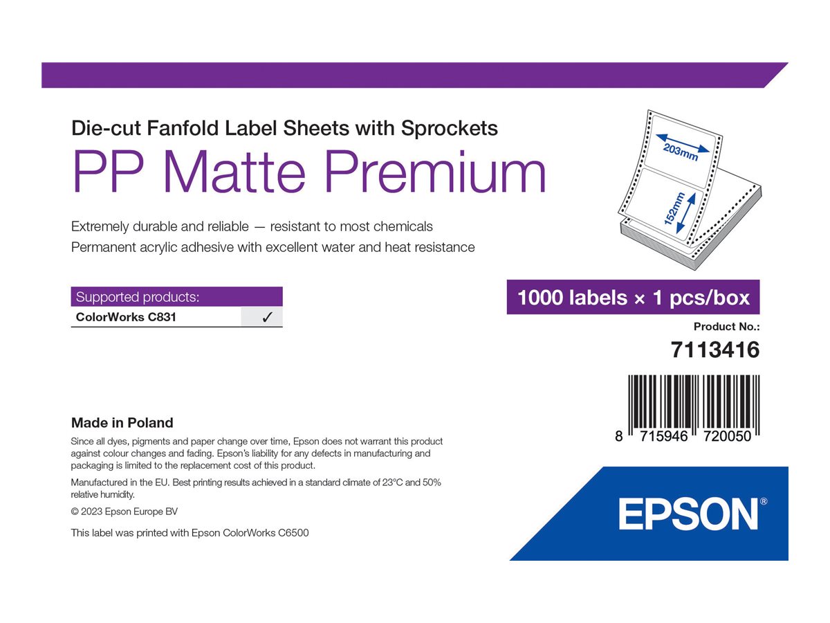 Epson Premium - Polypropylen (PP) - matt - permanenter Acrylklebstoff - 203 x 152 mm 1000 Etikett(en) (1 Bogen x 1000) Box - ges