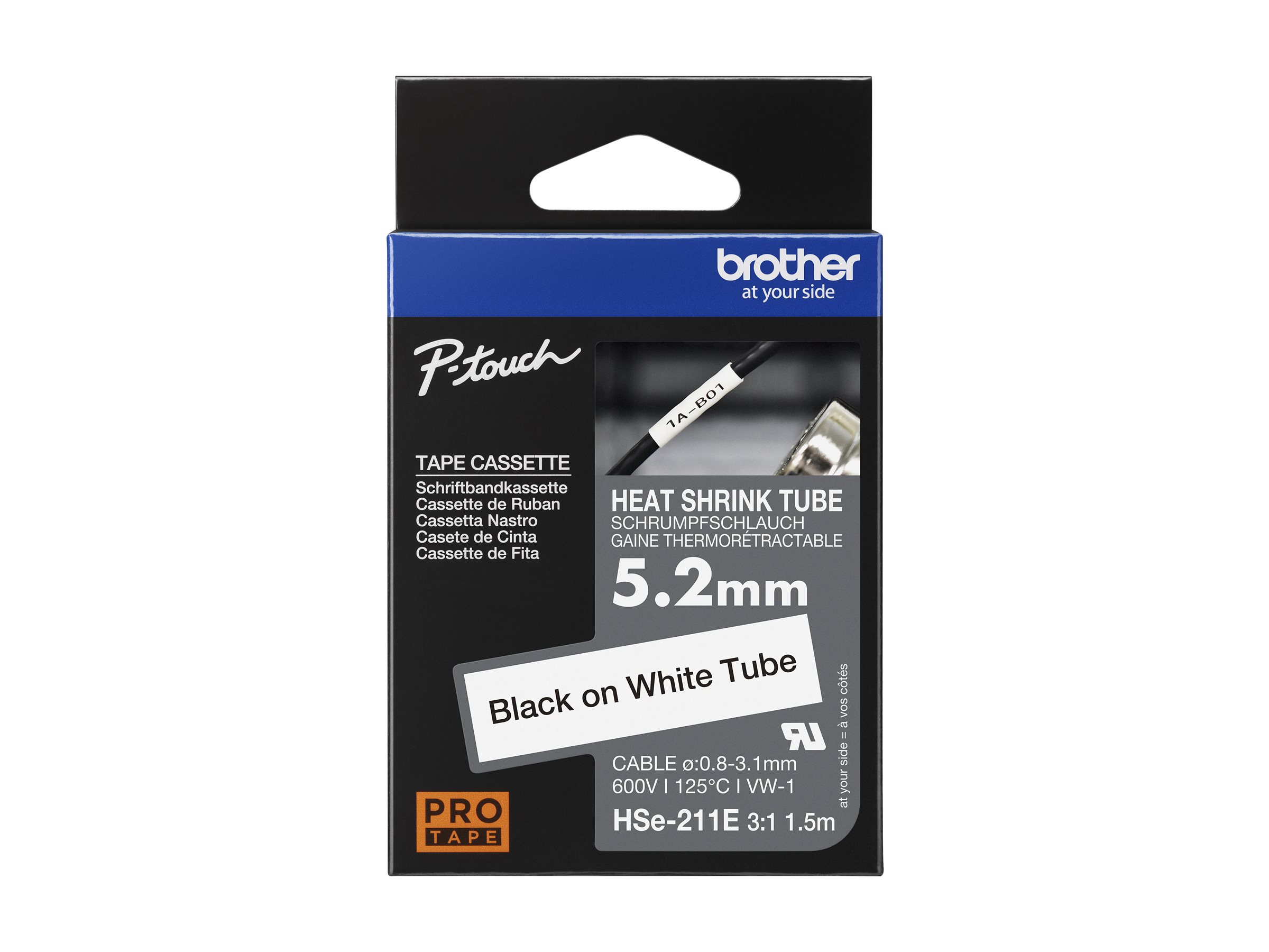 Brother HSe-211E - Schwarz auf Weiss - Rolle (0,52 cm x 1,5 m) 1 Kassette(n) Hngebox - Schrumpfschlauch-Band - fr P-Touch PT-D