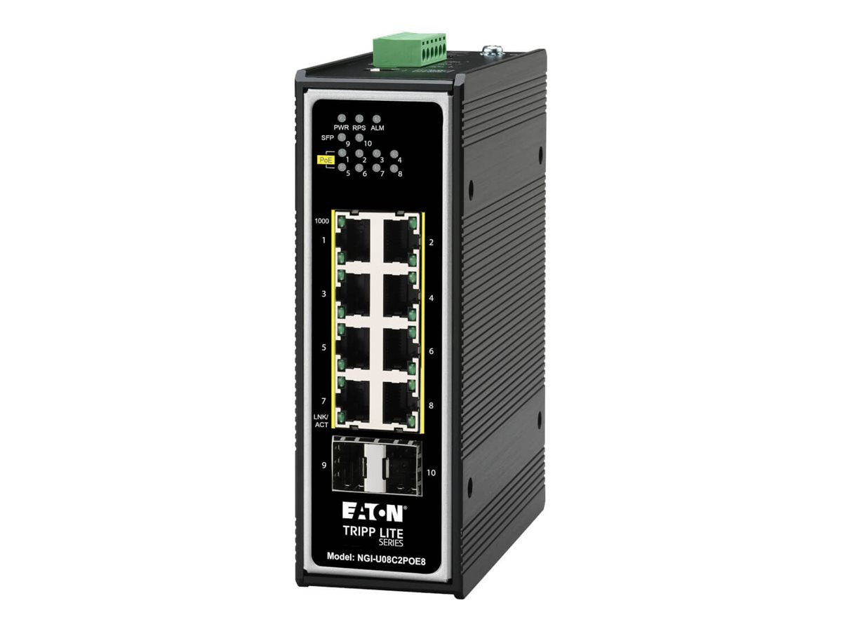 Eaton Tripp Lite series Unmanaged Industrial Gigabit Ethernet Switch 8-Port - 10/100/1000 Mbps, PoE+ 30W, 2 GbE SFP Slots, DIN M